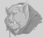  ambiguous_gender bust_portrait cameroo clothing drooling greyscale hoodie mammal monochrome pig porcine portrait post_transformation saliva solo 