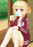  alternate_hairstyle bangs bare_legs blonde_hair blunt_bangs blush bush commentary_request day eating eyebrows_visible_through_hair food gym_shorts hair_bun hair_up hand_on_own_knee holding holding_food iijima_yun indoors jacket knees_together_feet_apart long_sleeves looking_at_viewer matcha_(soratohana128) name_tag new_game! popsicle porch red_eyes red_jacket red_shorts shirt shorts sitting solo tareme track_suit white_shirt 