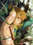  adjusting_hair areolae artist_name bare_chest blonde_hair blue_eyes choker gerudo_link igote leaf link looking_at_viewer male_focus mouth_hold plant ponytail shirtless solo the_legend_of_zelda the_legend_of_zelda:_breath_of_the_wild toned toned_male upper_body vetur02 