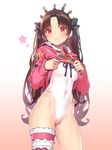  :&lt; bangs blush breasts brown_hair closed_mouth commentary_request contrapposto covered_navel crown earrings eyebrows_visible_through_hair fate/grand_order fate_(series) fur_trim gradient gradient_background hair_ribbon highleg highleg_swimsuit hoop_earrings ishtar_(fate/grand_order) ishtar_(swimsuit_rider)_(fate) jacket_lift jewelry leg_garter long_hair long_sleeves looking_at_viewer medium_breasts one-piece_swimsuit parted_bangs pink_eyes pop_kyun red_eyes ribbon shirt_lift simple_background single_thighhigh solo standing star swimsuit swimsuit_under_clothes thighhighs two_side_up white_swimsuit 