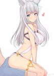  1girl animal_ears ass bangs bare_shoulders between_legs blue_eyes blunt_bangs blush breasts buttjob commentary dated erection erection_under_clothes erune eyebrows_visible_through_hair fox_ears granblue_fantasy grinding hair_ornament hand_between_legs heart hips jewelry korwa kuavera large_breasts long_hair looking_back parted_lips pendant signature silver_hair simple_background smile swimsuit thighs white_background white_swimsuit 