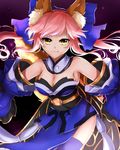  animal_ears blue_bow blue_legwear bow breasts choker cleavage detached_sleeves eyebrows_visible_through_hair fate/extra fate_(series) floating_hair fox_ears fox_tail hair_bow long_hair looking_at_viewer medium_breasts pink_hair resuta solo standing tail tamamo_(fate)_(all) tamamo_no_mae_(fate) thighhighs yellow_eyes 