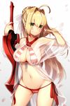  aestus_estus ahoge ass_visible_through_thighs bikini blonde_hair blush breasts cleavage cleft_of_venus closed_mouth contrapposto cowboy_shot criss-cross_halter earrings eyebrows_visible_through_hair fate/grand_order fate_(series) front-tie_top gradient gradient_background green_eyes hair_bun hair_intakes hair_ribbon half_updo halterneck hand_in_hair jewelry koruta_(nekoimo) large_breasts long_hair looking_at_viewer navel nero_claudius_(fate)_(all) nero_claudius_(swimsuit_caster)_(fate) petals ribbon see-through side-tie_bikini simple_background smile solo standing striped striped_bikini swimsuit sword weapon 