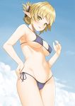  aegis_(takunomi) armpits bikini blonde_hair blue_bikini blue_sky blush breasts cameltoe cloud covered_nipples day eyebrows_visible_through_hair from_below green_eyes hand_on_hip highres large_breasts looking_at_viewer navel original outdoors parted_lips pointy_ears side-tie_bikini sky solo swimsuit takunomi tied_hair underboob 
