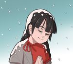  black_hair braid capelet closed_eyes dress earlobes gradient gradient_background grey_dress hands_together long_hair mefomefo no_hat no_headwear red_capelet red_ribbon ribbon sad_smile single_tear smile snot snow snow_on_head snowing solo touhou twin_braids upper_body yatadera_narumi 