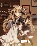  alternate_costume anklet black_bow black_dress black_footwear black_ribbon blonde_hair blue_eyes bow dress enmaided eyebrows_visible_through_hair fate/grand_order fate_(series) floating_hair grey_apron hair_between_eyes hair_bow highres holding indoors jewelry leg_up long_dress long_hair maid marie_antoinette_(fate/grand_order) nagatsuki_take neck_ribbon ribbon shoes solo standing twintails white_legwear 