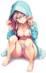  3: badge bare_legs barefoot bikini breasts button_badge cameltoe cleavage cleft_of_venus closed_mouth collarbone comic_kairakuten covered_nipples expressionless feet fingernails front-tie_bikini front-tie_top full_body hair_between_eyes hands_on_headwear hood hooded_jacket hoodie jacket long_fingernails looking_at_viewer medium_breasts michiking multicolored multicolored_bikini multicolored_clothes multicolored_scrunchie nail_polish navel open_clothes open_hoodie open_jacket partially_visible_vulva pinky_out purple_hair scrunchie sitting smiley_face solo swimsuit thighs wet wet_hair wrist_scrunchie yellow_eyes 