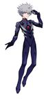  bai_wang bangs blue_bodysuit bodysuit closed_mouth commentary_request eyebrows_visible_through_hair full_body grey_hair hand_to_head highres light_smile looking_at_viewer male_focus nagisa_kaworu neon_genesis_evangelion outstretched_arms pilot_suit plugsuit pointy_hair red_eyes simple_background solo white_background 