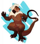  anthro blue_eyes brown_skin claws crouching dinosaur ear_piercing fur hair igiveyoulemons invalid_tag licking licking_lips lizard long_hair looking_at_viewer male muscular nude pecs piercing pose reptile scalie simple_background solo spines teeth tongue tongue_out vance white_fur white_hair 