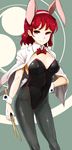  animal_ears arm_at_side bare_arms black_legwear bow bowtie breasts bunny_ears bunny_girl bunny_tail bunnysuit commentary_request detached_collar drumsticks fake_animal_ears feet_out_of_frame hand_on_hip highres holding horikawa_raiko jacket jacket_on_shoulders large_breasts leotard looking_at_viewer open_clothes open_jacket pantyhose red_eyes red_hair short_hair sinzan smile solo standing tail touhou wrist_cuffs 