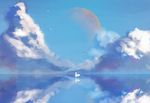  bird blue_sky cloud commentary day dress highres moon reflection scenery sky solo standing standing_on_liquid very_wide_shot water water_surface white_dress white_hair yeyufeng 