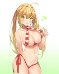  ahoge arm_behind_back bikini bikini_pull blonde_hair blush breasts criss-cross_halter fate/grand_order fate_(series) green_eyes hair_intakes halterneck heart large_breasts long_hair looking_at_viewer navel nero_claudius_(fate)_(all) nero_claudius_(swimsuit_caster)_(fate) open_mouth pop_kyun side-tie_bikini simple_background solo striped striped_bikini swimsuit twintails white_background 