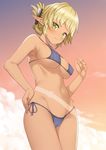  aegis_(takunomi) armpits bikini blonde_hair blue_bikini blush breasts cameltoe closed_mouth covered_nipples eyebrows_visible_through_hair from_below green_eyes hand_on_hip highres large_breasts looking_at_viewer navel original outdoors pointy_ears side-tie_bikini sky solo sunset swimsuit takunomi tan tanline tied_hair underboob 