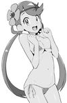  :d bangs bare_arms bikini breast_press breasts cameltoe cleavage cowboy_shot dark_skin flower greyscale groin hair_flower hair_ornament halter_top halterneck hips long_hair looking_at_viewer low_twintails mao_(pokemon) medium_breasts monochrome navel open_mouth panties pokemon pokemon_(game) pokemon_sm side-tie_bikini side-tie_panties simple_background smile solo swept_bangs swimsuit tamagoroo_(funifuni_labo) twintails underboob underwear very_long_hair white_background 