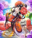  bangs black_hair flower hair_flower hair_ornament hair_rings hair_stick highres holding holding_pipe japanese_mythology kiseru kiyohime kiyohime_(onmyoji) long_hair looking_at_viewer miruhito_(sakiomiruhito) monster_girl onmyoji onmyouji parted_bangs pipe red_eyes skull solo water wide_sleeves 