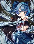  alternate_costume blue_bow blue_eyes blue_hair blue_skirt bow cirno commentary_request dagger dual_wielding hair_bow hair_ornament hairclip holding holding_weapon ice ice_wings jacket long_sleeves looking_at_viewer natori_youkai revision ringed_eyes serious short_hair skirt solo touhou weapon wings 