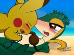  academy bikini blush clothing coconut crown cute embarrassed eyewear female food freckles fruit glasses implied interactions invalid_tag jota lewd_(disambiguation) nintendo pikachu pok&eacute;mon snivy suggestive swimsuit tropical unknown_artist video_games wreath 