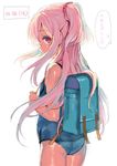  ass backpack bag emily_(pure_dream) flat_chest from_behind highres long_hair looking_back one-piece_swimsuit pan_de_peace! pink_eyes pink_hair red_scrunchie sakura_noa school_swimsuit scrunchie solo swimsuit translation_request two_side_up 
