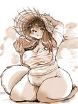  anthro big_breasts black_nose blush bottomless breasts canine cleavage clothed clothing eating female food fox fruit hair hat long_hair looking_at_viewer mammal melon monochrome nipple_bulge nipples setouchi_kurage shirt sitting slightly_chubby solo thick_thighs watermelon wet_shirt wide_hips 