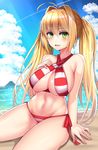  ahoge beach beeyan bikini blonde_hair blue_sky breasts cloud criss-cross_halter day earrings fate/grand_order fate_(series) green_eyes halterneck highres jewelry large_breasts long_hair looking_at_viewer navel nero_claudius_(fate)_(all) nero_claudius_(swimsuit_caster)_(fate) ocean outdoors sand side-tie_bikini sitting sky smile solo sparkle striped striped_bikini swimsuit twintails 