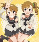  :d arm_up black_legwear black_neckwear black_skirt brown_eyes brown_hair eyebrows_visible_through_hair futami_ami futami_mami green_scrunchie grin hair_ornament hair_scrunchie hina_(araburu-hinadori) idolmaster idolmaster_(classic) jacket long_hair looking_at_viewer miniskirt multiple_girls neckerchief one_side_up open_mouth pleated_skirt red_scrunchie school_uniform scrunchie short_hair siblings side_ponytail sisters skirt smile twins w white_jacket 