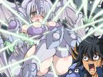  1girl bdsm between_thighs blush bondage boots bound breasts claws cleavage formula_synchron fudou_yuusei gloves green_eyes huge_breasts legs long_hair machine_emperor_wisel personification placido rakuma_kanori stardust_dragon surprised white_hair wings yuu-gi-ou yuu-gi-ou_5d's 