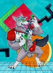 2017 anthro azul_(artist) balls biped bottomless canine clothed clothing erection eyewear fur guitar hat holding_musical_instrument male mammal mascot muscular muscular_male musical_instrument old_spice open_mouth penis playing_guitar playing_music solo wolf wolfthorn_(old_spice) 