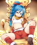 arm_support armband bangle bare_shoulders belt belt_buckle blue_eyes blue_hair blurry blurry_background bracelet braid breasts brown_footwear buckle chair commentary_request dragon_quest dragon_quest_xi eyebrows_visible_through_hair eyeshadow gold gradient gradient_background grin hair_between_eyes hair_ribbon hand_on_own_knee high_braid jewelry knee_up leaning_back long_braid long_hair looking_away makeup maya_(dq11) midriff nao_(necomugi) navel off_shoulder open_mouth red_legwear red_ribbon red_shorts red_vest reflection ribbon scarf short_shorts shorts single_braid sitting small_breasts smile solo spread_legs strapless teeth throne treasure tsurime tubetop vest white_belt 