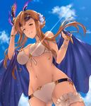  ass_visible_through_thighs bangs bare_shoulders bikini blue_flower blue_sky blush bracelet breasts brown_eyes brown_hair chokuro cloud commentary day eyewear_on_head feathers flower frills from_below front-tie_bikini front-tie_top granblue_fantasy hair_feathers hair_flower hair_ornament holding jewelry leg_garter legs_apart light_rays long_hair looking_at_viewer looking_down medium_breasts navel outdoors parted_lips shawl sidelocks sky smile solo song_(granblue_fantasy) stomach sunbeam sunglasses sunlight swimsuit tied_hair white_bikini white_neckwear wristband 