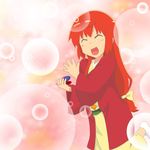  :d ahoge buratei_marii castanets closed_eyes commentary_request gobanme_no_mayoi_neko haori highres instrument japanese_clothes joshiraku k-on! kimono long_hair open_mouth parody red_hair smile solo un_tan 