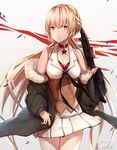  absurdres artist_name black_cola blonde_hair blush breasts choker cleavage closed_mouth eyebrows_visible_through_hair girls_frontline gun highres holding holding_gun holding_weapon large_breasts long_hair looking_at_viewer ots-14_(girls_frontline) signature skirt solo star weapon white_skirt yellow_eyes 