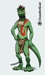  2017 argonian bulge chain claws clothed clothing collar digital_media_(artwork) digitigrade feathers green_scales hi_res horn loincloth male red_feathers scales scalie sign slave solo standing the_elder_scrolls theandymac topless video_games 