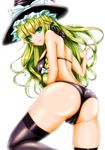 1girl artist_request ass bare_shoulders bikini blonde_hair braid breasts cameltoe from_behind green_eyes hat kirisame_marisa long_hair looking_at_viewer looking_back medium_breasts shiny shiny_clothes shiny_hair shiny_skin sideboob smile solo thighhighs touhou witch_hat 