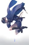  black_gloves black_hair black_legwear gloves highres jacket_on_shoulders jumping male_focus military military_uniform nasuko purple_eyes sheath shorts tantou thighhighs touken_ranbu uniform weapon yagen_toushirou 