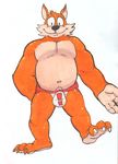  2016 3_toes anthro azul_(artist) barefoot belly biceps bubsy bubsy_(series) bulge clothing feline jockstrap looking_at_viewer lynx male mammal musclegut muscular muscular_male overweight overweight_male pecs simple_background smile solo toes underwear video_games 