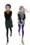  2girls :d after_hours black_hair blonde_hair closed_eyes cold commentary_request crossed_arms earrings fur_trim highres hoodie_dress jacket jewelry leather leather_jacket long_hair long_sleeves looking_at_another millipen_(medium) multiple_girls open_mouth original pants pantyhose purple_legwear scarf short_hair skirt sleeves_past_wrists smile traditional_media twintails walking white_background wind 