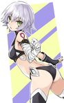  ass bandaged_arm bandages bare_shoulders black_gloves black_legwear breasts fate/apocrypha fate_(series) fingerless_gloves gloves green_eyes highres jack_the_ripper_(fate/apocrypha) looking_at_viewer open_mouth revealing_clothes shimo_(s_kaminaka) short_hair silver_hair single_glove small_breasts solo thighhighs 