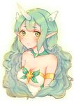  alternate_costume alternate_eye_color alternate_hair_color armlet bare_shoulders breasts green_eyes green_hair hair_ornament highres horn league_of_legends liu long_hair looking_at_viewer medium_breasts pointy_ears soraka star_guardian_soraka twitter_username upper_body 