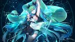  arms_up black_legwear black_ribbon black_skirt blue_eyes blue_hair blush breasts hair_ribbon hatsune_miku highres large_breasts long_hair looking_at_viewer open_mouth ribbon sideboob skirt smile solo thighhighs twintails vocaloid wallpaper zhen_panxie 