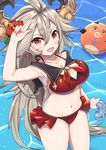  :d ball beachball bikini blush breasts brown_eyes brown_hair collarbone commentary_request draph eyebrows_visible_through_hair fang flower frilled_bikini_bottom frills from_above granblue_fantasy hair_between_eyes hair_flower hair_ornament highres holding horns large_breasts lo_xueming long_hair navel open_mouth red_bikini red_eyes sailor_collar smile solo standing swimsuit thalatha_(granblue_fantasy) v-shaped_eyebrows vee_(granblue_fantasy) very_long_hair water 