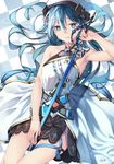  armpits artist_name black_skirt blue_eyes blue_hair blush breasts closed_mouth collarbone eyebrows_visible_through_hair highres holding holding_sword holding_weapon large_breasts lee_(saraki) long_hair looking_at_viewer lying on_back original saraki signature skirt smile sword weapon 