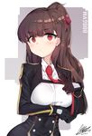  absurdres bil-ajeossi black_gloves braid breast_hold breasts brown_hair character_name closed_mouth collared_shirt crown_braid dated eyebrows_visible_through_hair girls_frontline gloves hair_ribbon highres large_breasts long_hair necktie ponytail red_eyes red_neckwear red_ribbon ribbon shirt signature simple_background solo standing upper_body wa2000_(girls_frontline) white_shirt 