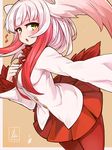  blush breasts eighth_note head_wings japanese_crested_ibis_(kemono_friends) kemono_friends large_breasts long_hair long_sleeves looking_at_viewer mou_tama_maru musical_note pantyhose parted_lips red_hair red_legwear red_skirt skirt solo white_hair yellow_eyes 