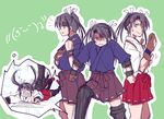  camouflage commentary_request gmgt_(gggggg3) green_eyes green_hair hair_ribbon hakama_skirt japanese_clothes kantai_collection long_hair multiple_girls multiple_persona muneate ribbon stepped_on twintails weapon white_ribbon younger zui_zui_dance zuikaku_(kantai_collection) 