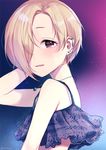  asymmetrical_hair bare_arms bare_shoulders blonde_hair blush brown_eyes dot_nose ear_piercing earrings frilled_swimsuit frills hair_over_one_eye idolmaster idolmaster_cinderella_girls jewelry looking_at_viewer necklace parted_lips piercing shirasaka_koume short_eyebrows short_hair signature silltare skull_necklace smile solo stud_earrings swimsuit twitter_username upper_body 