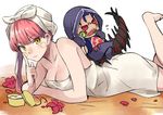  1girl bare_shoulders blue_hair breasts chibi cleavage cu_chulainn_alter_(fate/grand_order) cucumber fate/grand_order fate_(series) flower lancer long_hair looking_at_viewer lying medb_(fate)_(all) medb_(fate/grand_order) medium_breasts mini_cu-chan naked_towel on_stomach pink_hair red_eyes sharp_teeth shimo_(s_kaminaka) sitting smile teeth towel towel_on_head white_towel yellow_eyes 