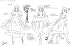  1girl artist_name axe breasts character_sheet dress female full_body kagami_hirotaka koutetsu_no_majo_anneroze large_breasts lilith-soft looking_at_viewer mitico_fleuretty monochrome official_art panties solo 