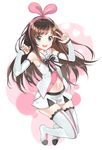  a.i._channel blush boots brown_hair detached_sleeves eyebrows_visible_through_hair green_eyes hairband kizuna_ai long_hair looking_at_viewer navel parted_lips shiosoda skirt smile solo thigh_boots thighhighs v virtual_youtuber white_footwear white_skirt 