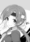  artist_name cato_kobatashi chitose_(kantai_collection) greyscale headband kantai_collection long_hair looking_at_viewer low_ponytail monochrome smile solo upper_body 