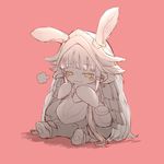  :3 absurdres animal_ears blush_stickers closed_mouth ears_through_headwear eyebrows_visible_through_hair fume furry helmet highres horned_helmet made_in_abyss nanachi_(made_in_abyss) pants pink_background shui_shaan sitting solo spot_color tail yellow_eyes 